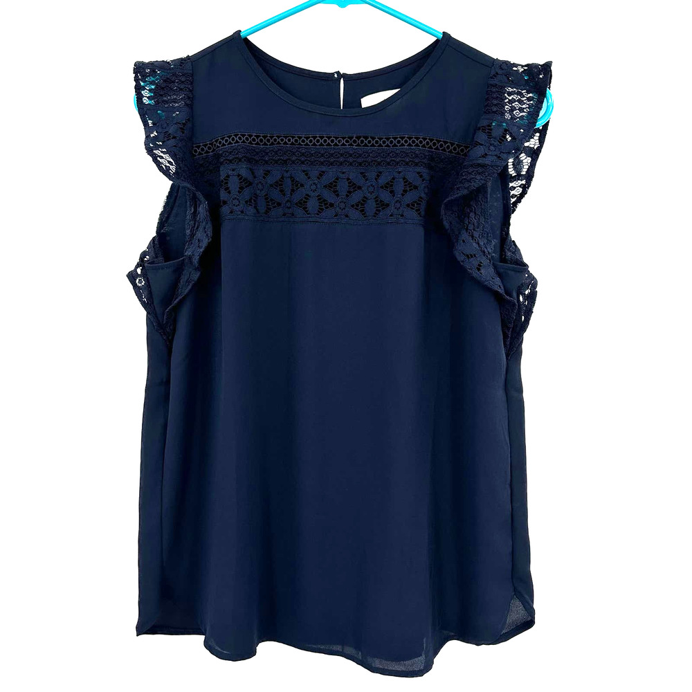Loft size XS blue short flutter sleeve blouse top shirt sheer lace detail